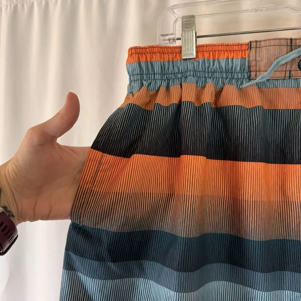 Nike Swim Trunks Men's XXL Orange Blue Striped Drawstring Lined Pockets Elastic